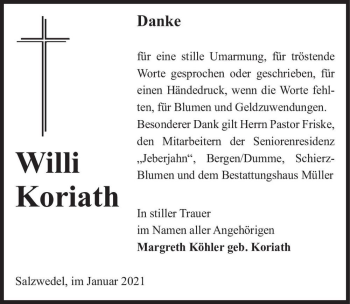 Traueranzeige von Willi Koriath  von Magdeburger Volksstimme