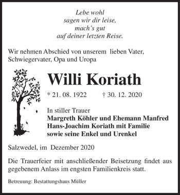 Traueranzeige von Willi Koriath  von Magdeburger Volksstimme