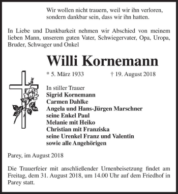Traueranzeige von Willi Kornemann  von Magdeburger Volksstimme