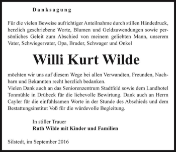Traueranzeige von Willi Kurt Wilde  von Magdeburger Volksstimme