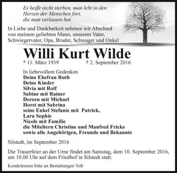 Traueranzeige von Willi Kurt Wilde  von Magdeburger Volksstimme