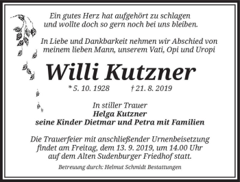 Traueranzeige von Willi Kutzner  von Magdeburger Volksstimme