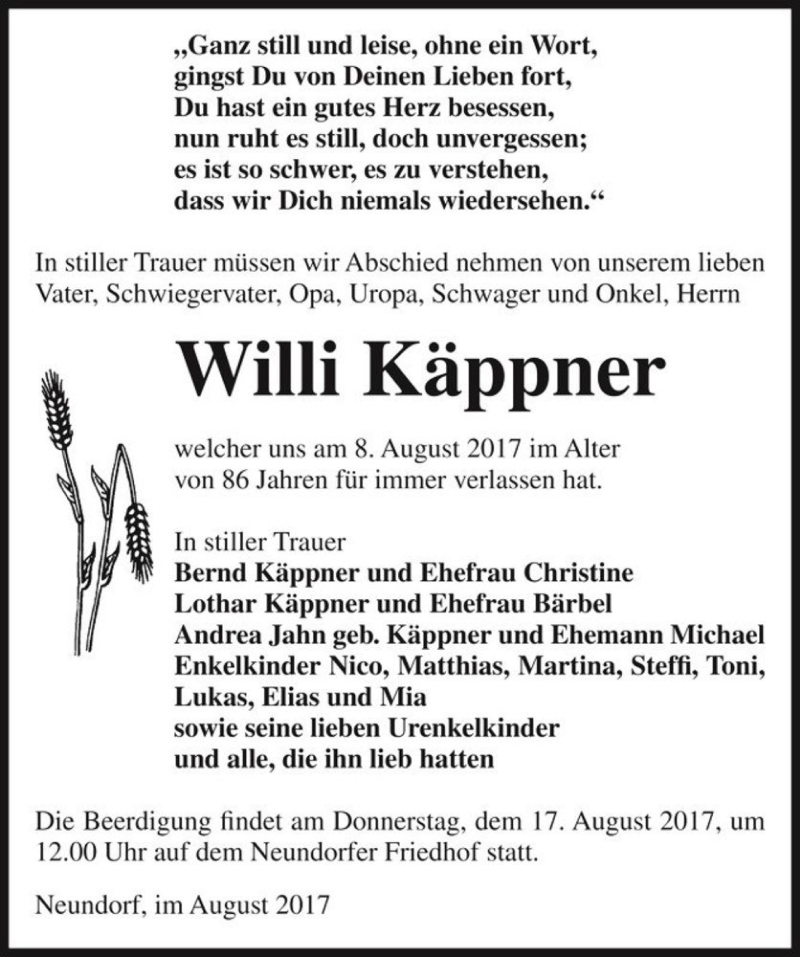  Traueranzeige für Willi Käppner  vom 12.08.2017 aus Magdeburger Volksstimme