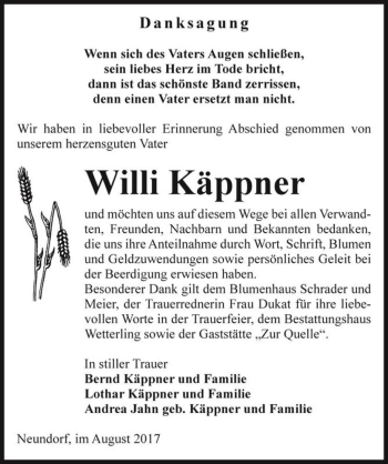 Traueranzeige von Willi Käppner  von Magdeburger Volksstimme