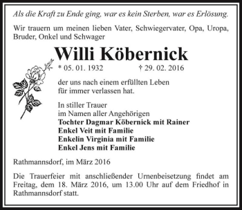 Traueranzeige von Willi Köbernick  von Magdeburger Volksstimme