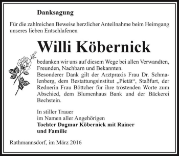 Traueranzeige von Willi Köbernick  von Magdeburger Volksstimme
