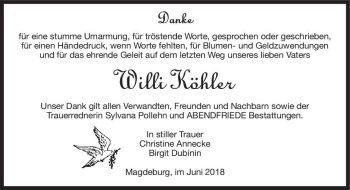 Traueranzeige von Willi Köhler  von Magdeburger Volksstimme