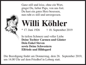 Traueranzeige von Willi Köhler  von Magdeburger Volksstimme