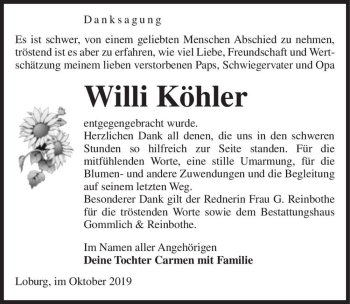 Traueranzeige von Willi Köhler  von Magdeburger Volksstimme