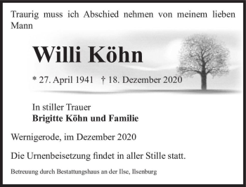 Traueranzeige von Willi Köhn  von Magdeburger Volksstimme