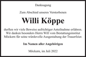 Traueranzeige von Willi Köppe  von Magdeburger Volksstimme