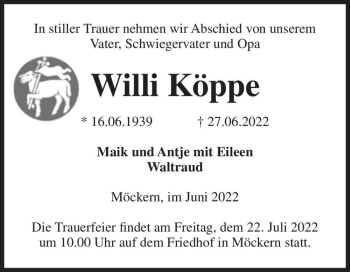 Traueranzeige von Willi Köppe  von Magdeburger Volksstimme