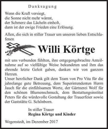 Traueranzeige von Willi Körtge  von Magdeburger Volksstimme
