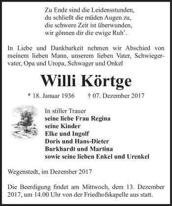 Traueranzeige von Willi Körtge  von Magdeburger Volksstimme