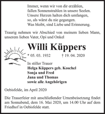 Traueranzeige von Willi Küppers  von Magdeburger Volksstimme