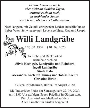 Traueranzeige von Willi Landgräbe  von Magdeburger Volksstimme