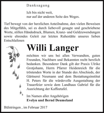 Traueranzeige von Willi Langer  von Magdeburger Volksstimme