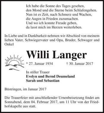 Traueranzeige von Willi Langer  von Magdeburger Volksstimme