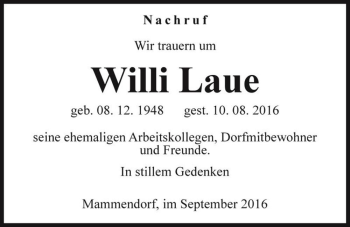 Traueranzeige von Willi Laue  von Magdeburger Volksstimme