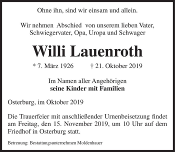 Traueranzeige von Willi Lauenroth  von Magdeburger Volksstimme