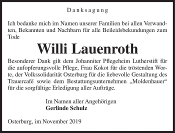 Traueranzeige von Willi Lauenroth  von Magdeburger Volksstimme