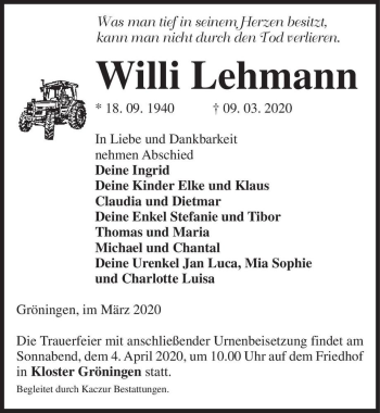 Traueranzeige von Willi Lehmann  von Magdeburger Volksstimme