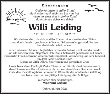 Traueranzeige von Willi Leiding  von Magdeburger Volksstimme