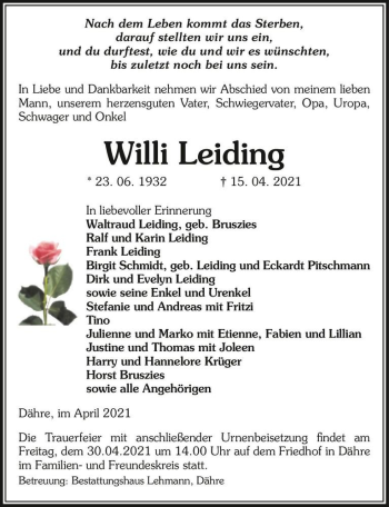 Traueranzeige von Willi Leiding  von Magdeburger Volksstimme