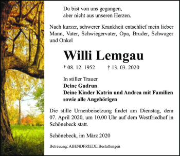 Traueranzeige von Willi Lemgau  von Magdeburger Volksstimme