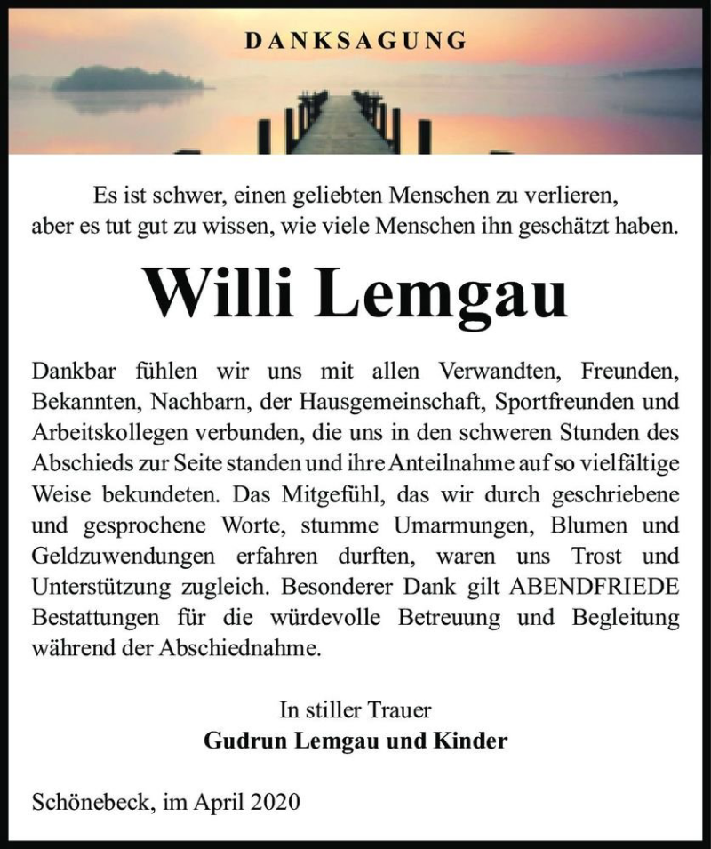  Traueranzeige für Willi Lemgau  vom 11.04.2020 aus Magdeburger Volksstimme