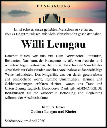 Traueranzeige von Willi Lemgau  von Magdeburger Volksstimme