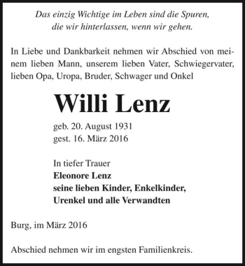 Traueranzeige von Willi Lenz  von Magdeburger Volksstimme