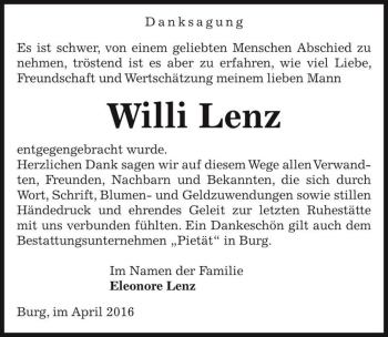 Traueranzeige von Willi Lenz  von Magdeburger Volksstimme