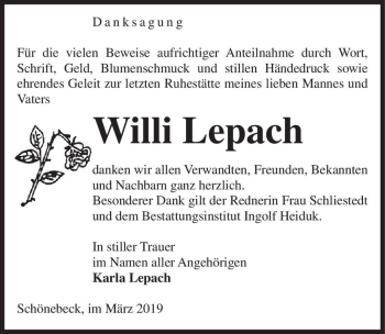 Traueranzeige von Willi Lepach  von Magdeburger Volksstimme