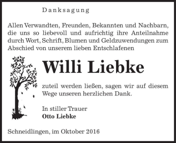Traueranzeige von Willi Liebke  von Magdeburger Volksstimme
