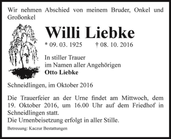 Traueranzeige von Willi Liebke  von Magdeburger Volksstimme