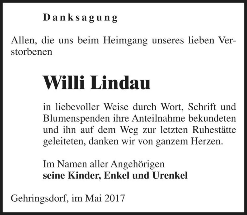  Traueranzeige für Willi Lindau  vom 17.05.2017 aus Magdeburger Volksstimme