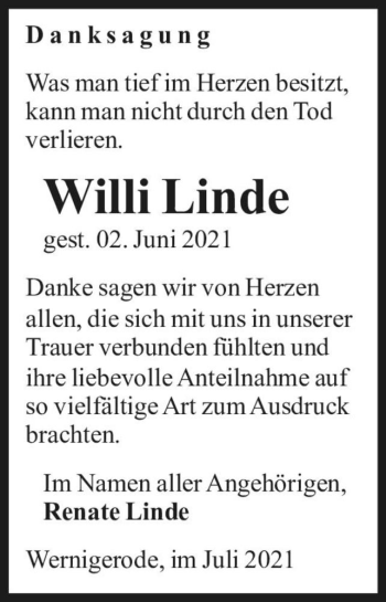 Traueranzeige von Willi Linde  von Magdeburger Volksstimme
