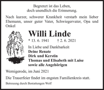 Traueranzeige von Willi Linde  von Magdeburger Volksstimme