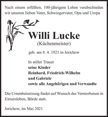 Traueranzeige von Willi Lucke  von Magdeburger Volksstimme