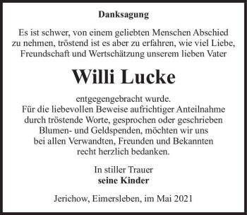 Traueranzeige von Willi Lucke  von Magdeburger Volksstimme