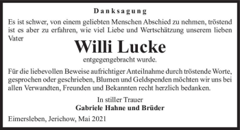 Traueranzeige von Willi Lucke  von Magdeburger Volksstimme
