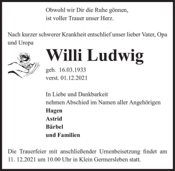 Traueranzeige von Willi Ludwig  von Magdeburger Volksstimme