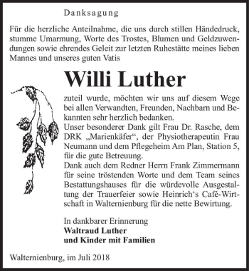 Traueranzeige von Willi Luther  von Magdeburger Volksstimme