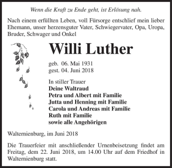 Traueranzeige von Willi Luther  von Magdeburger Volksstimme