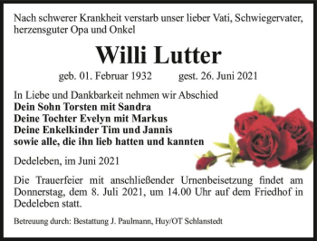 Traueranzeige von Willi Lutter  von Magdeburger Volksstimme