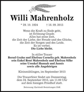 Traueranzeige von Willi Mahrenholz  von Magdeburger Volksstimme