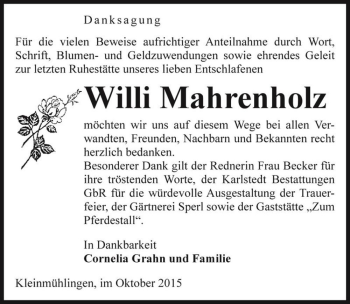 Traueranzeige von Willi Mahrenholz  von Magdeburger Volksstimme