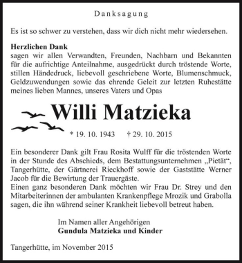 Traueranzeige von Willi Matzieka  von Magdeburger Volksstimme