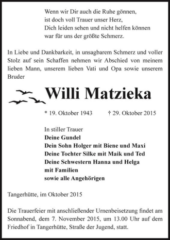 Traueranzeige von Willi Matzieka  von Magdeburger Volksstimme